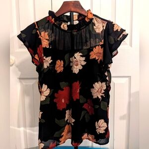 Monteau Cap sleeve Shirt w/collar Black with flowers size M